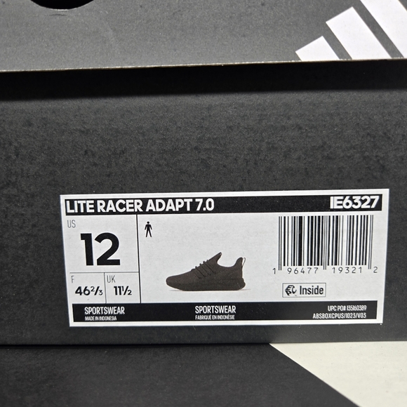 Adidas Men\'s Lite Racer Adapt 7.0 \'Black Grey\' Running Shoes Size 12 New